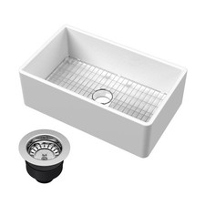 Nuie Farmhouse Kitchen Sink, Chrome Drain, Fire Clay Apron Front Sink 30x18x10