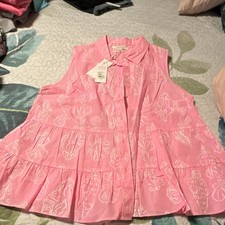 Lilly Pulitzer Pink/White Floral Collared Button Tiered Woven Cotton Blouse 16 picture
