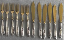 Antique Continental Silver plate Art Deco Fish & Fork Set- Gold Wash - 12 Pieces picture