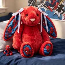 Jelly Spider-Man Bunny Plush Stuffed Animal Red Rabbit White Bows Superhero Toy picture
