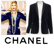 5K Chanel 2018 Blue Black Velvet Chain Dress Jacket 34 36 2 4 Coat Tux Logo S picture