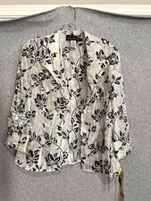 Alex Evenings Women’s Black White Floral Satin Collared 3/4 Sleeve Blouse M picture