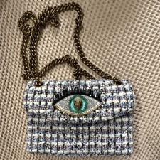 Kurt Geiger Kensington EVIL EYE Plaid Mini Shoulder Bag Quilted Gold Chain picture