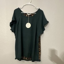 UMGEE Women’s 1XL Green Leopard Animal Print Fringe Short Sleeve Pullover Top picture