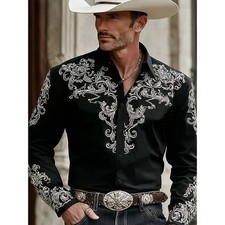 Men's Western Cowboy Shirt Long Sleeve Retro Printing Casual Buttons Down Shirt picture