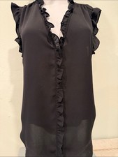 DKNY Black Sleeveless Semi Sheer Ruffle Blouse Size Large picture