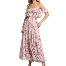 Lulus Chance For Us Maxi Dress Sz L Pink Floral Chiffon Off Shoulder Ruffles New picture