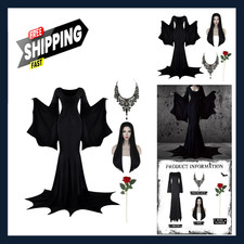 Halloween Morticia Addams Costume Women Gothic Dress Wig Accessories Vintage picture