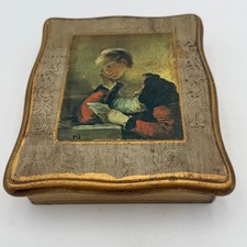Vintage Florentine Wooden Jewelry Box Fragonard Girl Reading Gold Gilt Trinket picture