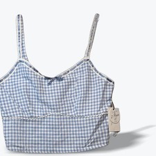 Japna Singh Smocked Crop Top Blue Gingham Lace Trim Womens Small 81908 SET NWT picture