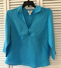 Vtg Talbots 100% Irish Linen Tunic Blouse Sz 16 Turquoise Pullover 3/4 Sleeve picture