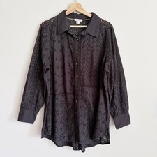 Sundance Black Floral Eyelet Button Down Shirt Size XL Long Sleeve Cotton Boho picture