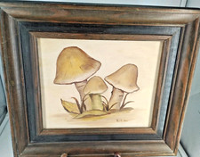 Vintage Signed Mushroom Oil Painting On Canvas Wooden Frame 13