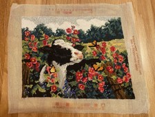 Vtg Dimensions Heidi in the Hollyhocks Needlepoint Completed Cow Joy Campbell picture