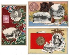 JAPAN 3 Embossed Meiji Emperor Postcards 1910 Military Maneuvers Red Cross picture