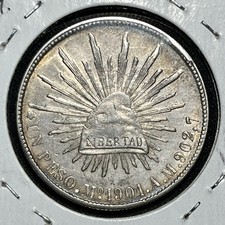 1901 Mo Am Mexico Un Peso Silver Coin Cap & Rays, Peso Fuerte Mexican Crown picture