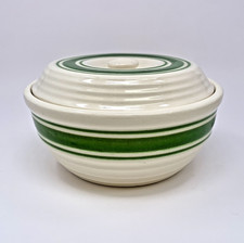 Hull Beehive Green Stripe Yellowware Casserole Bowl Dish with Lid picture