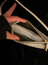 Michael Kors Jet Set Medium Shoulder Bag Cream Monogram Logo Zip Strap picture