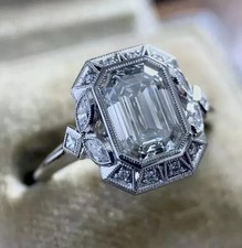 Art Deco Style Emerald Cut Lab Created Diamond 14K White Gold FN Engagement Ring picture