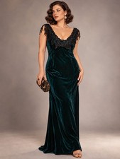 VTG Carole Little Sz 12 Velvet Green Maxi Dress Whimsigoth Old Hollywood Romance picture