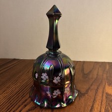 Fenton Hand Painted Carnival Glass Bell Signed Floral Amethyst Iridescent 373B picture