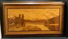 Vintage Framed Marquetry Wooden Inlaid Landscape Cabin Near The Mountain & River picture