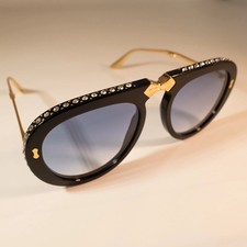 Gucci GG0307S 56mm Foldable Aviator Sunglasses in Black w.Crystals and Blue Lens picture