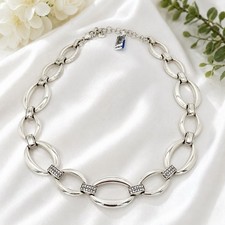 NWT Brighton Meridian Swing Statement Necklace Silver Tone Crystal Oval Link 18” picture