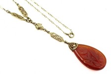 Spectacular 14K Gold Antique Art Nouveau Carved Carnelian Filigree Necklace picture