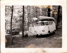 1960s VW Split-Window Bus Campsite Canoes & MG Badge License Plate Photograph picture