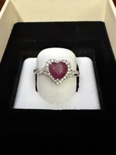 Natural Ruby & Moissanite Heart Halo Ring .925 Silver Size 8.75 CERTIFICATE Incl picture