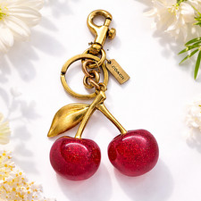 AUTH Coach Cherry Bag Charm KeyChain -Glitter Resin Metal Brass Red picture