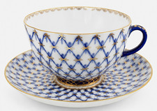 Lomonosov USSR Porcelain Tea Cup & Saucer Set Blue White Gold Lattice picture