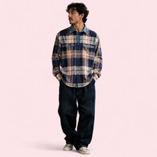 Vintage 90s Fryday Club Plaid Denim Collar Flannel Shirt picture