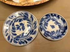 Antique Mid 19th Century Hand Painted Flow Blue Spinach Leaf Plate And Saucer. picture