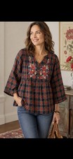 April Cornell SZ XL 100% Cotton 1/4 Button Tartan Plaid Floral Embroidered Top picture