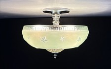 Antique 1930s 40s Art Deco Machine Age Green Ceiling Light Fixture Federal Stars picture