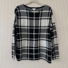 J. Jill Women’s Cotton Blend Black White Plaid Medium Knit Sweater Pullover picture