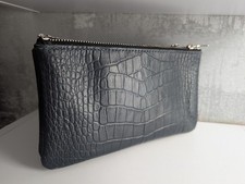 Handmade Croc Embossed Navy Blue Leather Long Wallet 3 Zip Organizer Clutch Bag picture