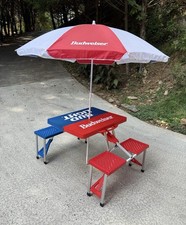 Vintage Budweiser Bud Light Folding Picnic Table Chair Set Suitcase Umbrella VG picture