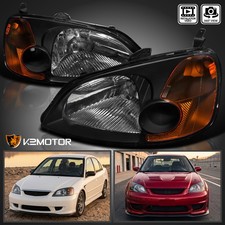 Fits 2001-2003 Honda Civic 4Dr Sedan Black Headlights Head Lamps Left+Right picture