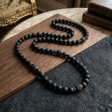 Natural Matte Black Onyx Lava Rock Stone Beaded Necklace Mens Zen Mala Jewelry picture