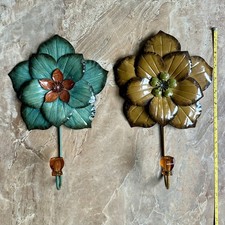 Vintage Pier 1 ~ Set of 2 Floral Wall Hooks ~ Metal Wall Mounted ~ Teal Brown picture