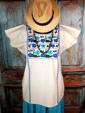 Huipil Tunic Top Hand Embroidered Blue Flowers Cotton Manta Oaxaca Mexican Folk picture