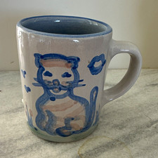 M.A. Hadley Hand Painted Cat Pottery Clay Mug, Blue Rim, Signed 
