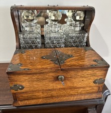 Antique Victorian Oak Tantalus with 3 Glass Decanters Game Drawer Original key picture
