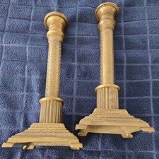 VINTAGE NEOCLASSICAL Corinthian classical column Brass Candlesticks, set of 2.  picture