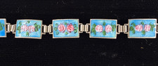 Vintage Blue Guilloche Enamel Pink Roses 925 Sterling Silver Panel Link Bracelet picture