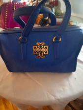 Tory Burch Women's Medium Satchel Top Handle Bag Blue Pebbled Zip Gold Strap picture