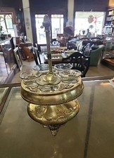 Beautiful  5 Pc. Antique Silver-Plated Cruet set. with Gold Tones Deco Footing picture